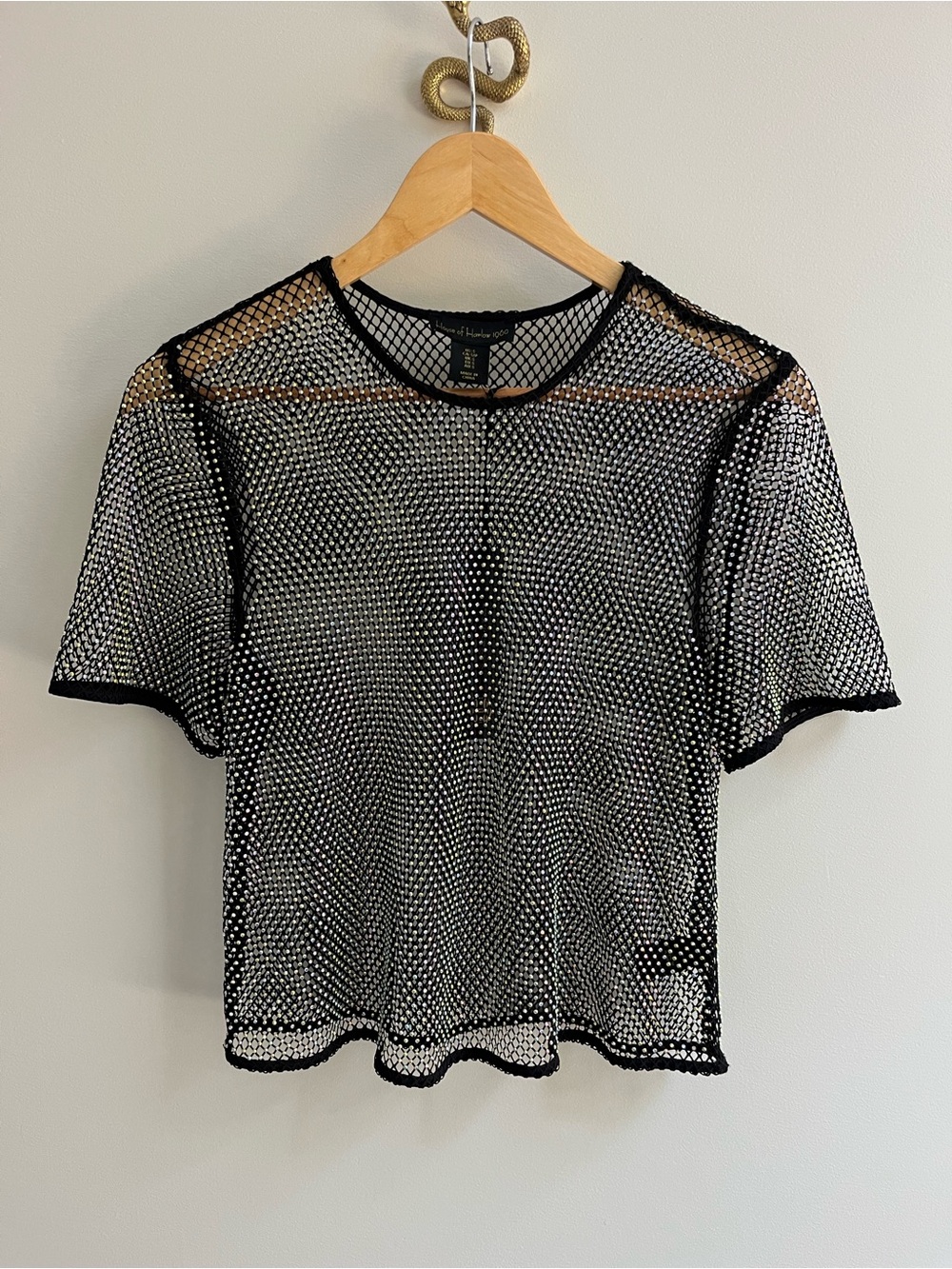 House of Harlow 1960 Black Mesh Iridescent Rhinestone Short Sleeve Tee S